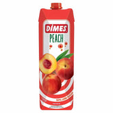 Dimes - Peach Fruit Juice - 1L carton features peach images and bold labels "50% less sugar" and "natural sweetness," enriched with essential vitamins for savoring every sip.